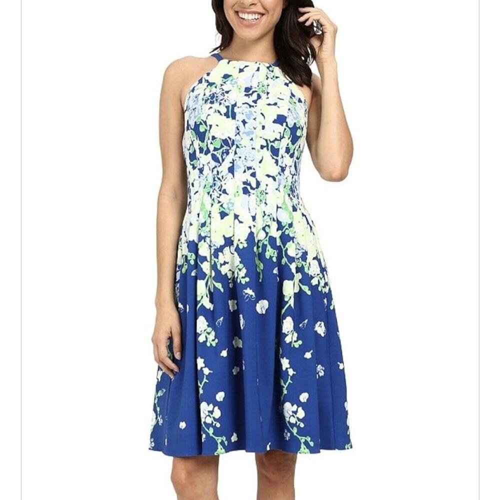 Adrianna Papell Women's Garden Party Placed Floral Print Dress Blue Sz 4